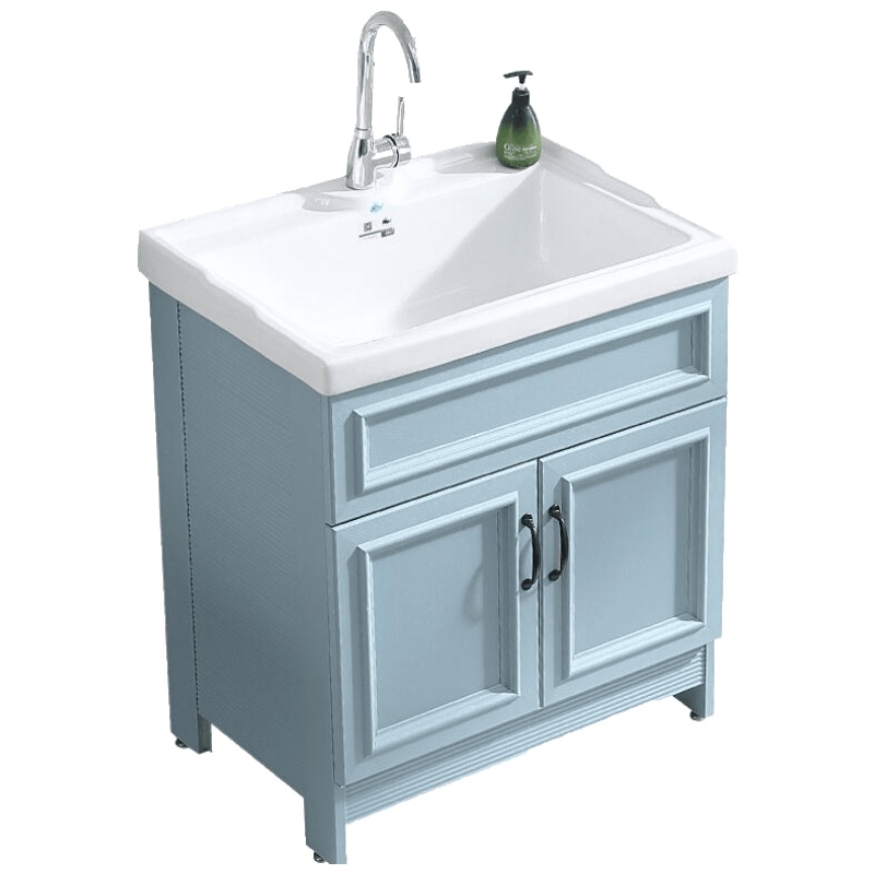 太空铝洗衣柜阳台陶瓷洗手台盆落地式组合柜带搓衣板浴室柜 82深盆无搓[6色可选] 61cm(含)-90cm(含)安心抵