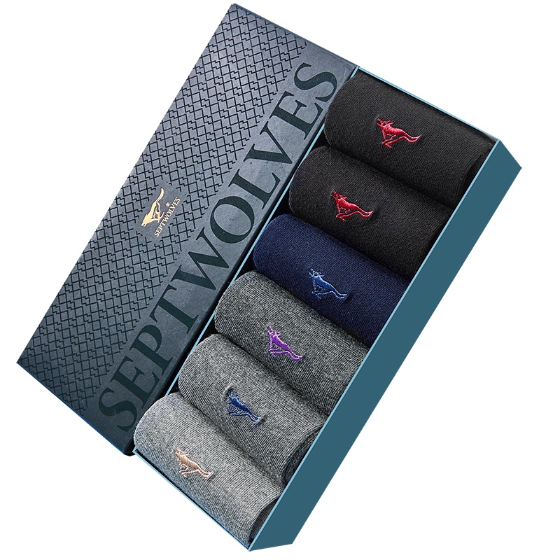 七匹狼 6双装纯棉提花商务休闲棉袜透气中筒男士袜子