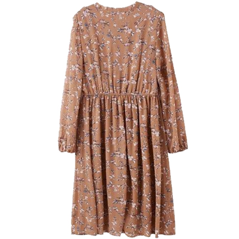 【热卖】7M学生显瘦长袖碎花百褶裙韩版高腰雪纺中长连衣裙70011826