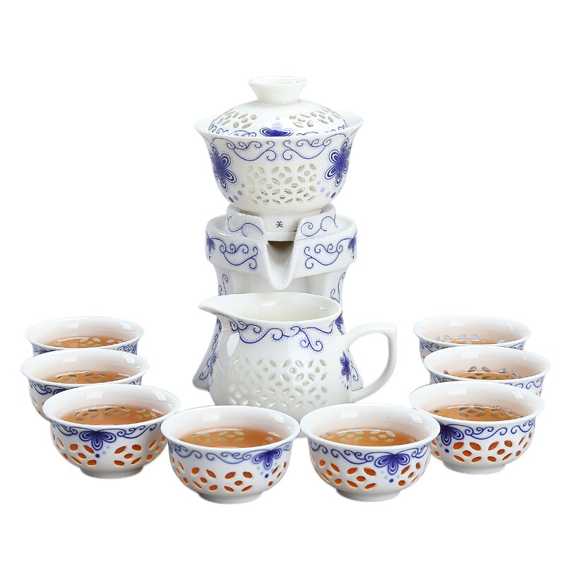 懒人自动茶具套装 镂空玲珑蜂窝自动茶具泡茶器 春花得意礼盒装