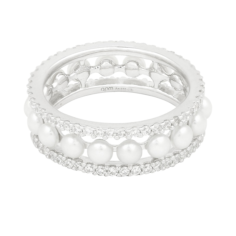 apm MONACO双圈镶嵌珍珠925银戒指女士 时尚气质银指环食指戒首饰