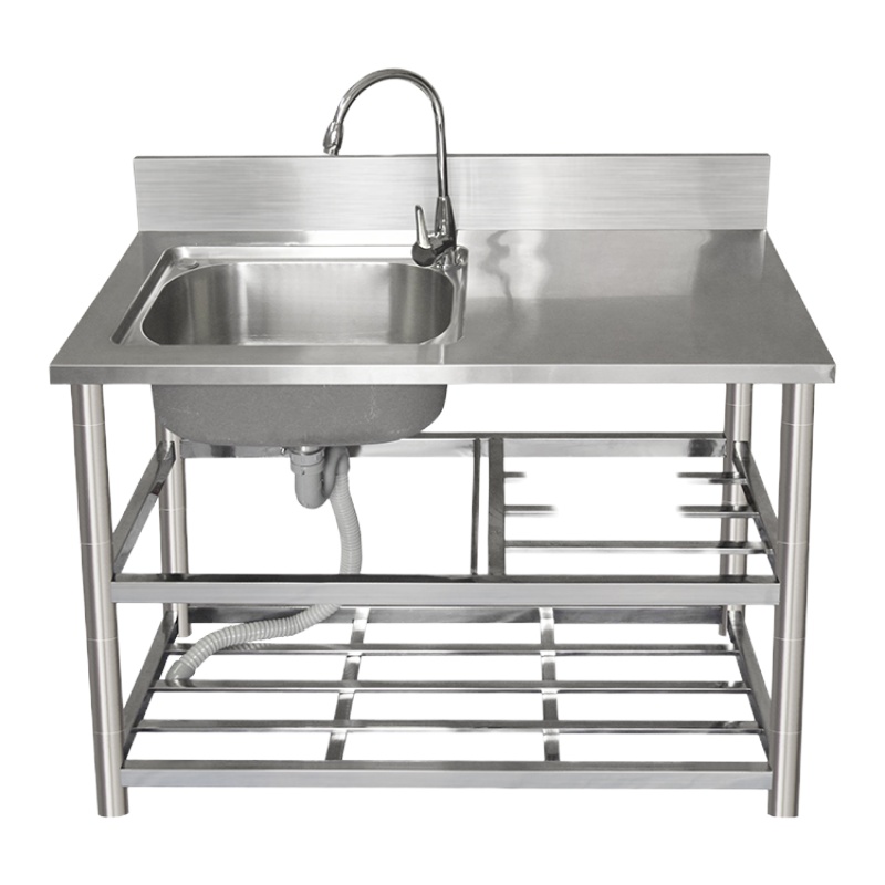 防水不锈钢水池加厚三层单槽-左槽+冷热水龙头 120*50*80