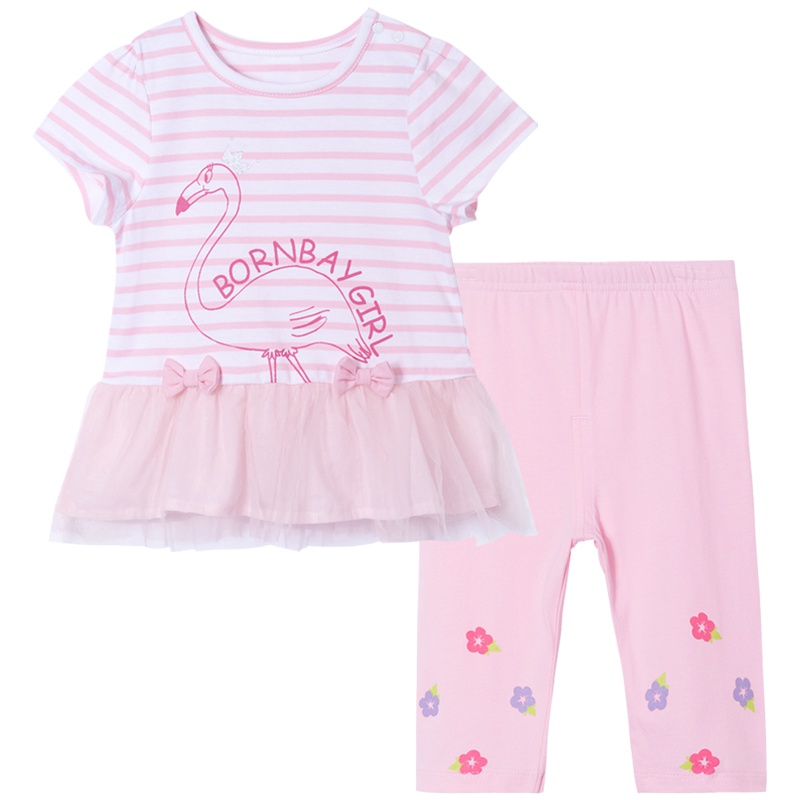 贝贝怡女宝网纱拼接条纹短袖套装夏季薄款甜美公主服182T115