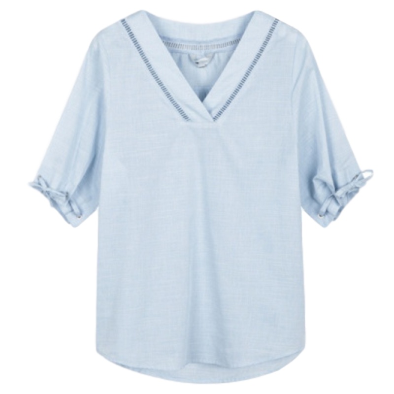 【专柜同款】拉夏贝尔韩版范新款宽松V领条纹镂空百搭棉麻短袖衬衫70010829 冰粉蓝 S