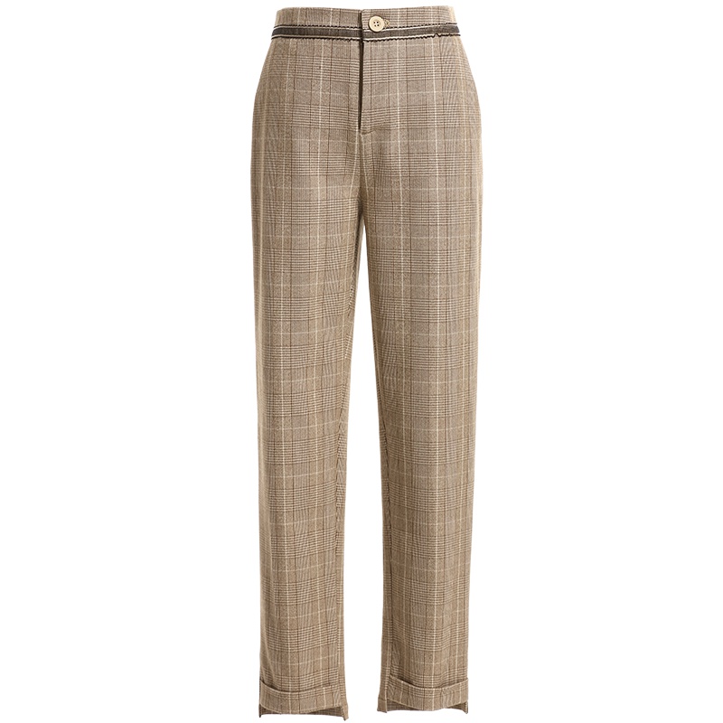 欧昵雪秋装通勤高腰格子直筒九分裤不规矩小脚哈伦裤女