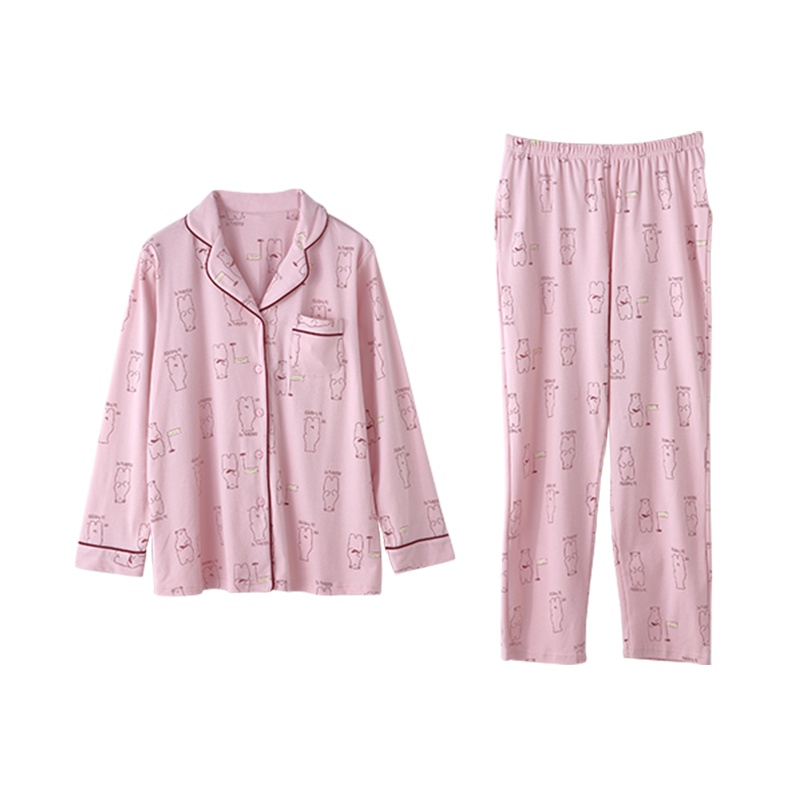 安之伴春秋情侣睡衣纯棉双面针织印小熊长袖女士家居服套装D73B279-D73B179