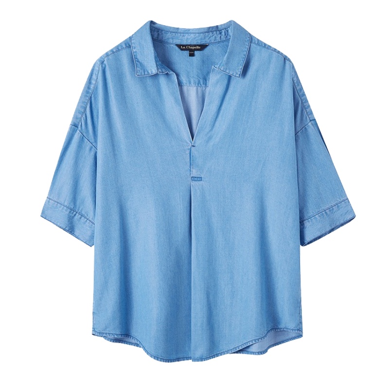 【专柜同款】拉夏贝尔v领气质衬衫女牛仔职业五分袖上衣10019927