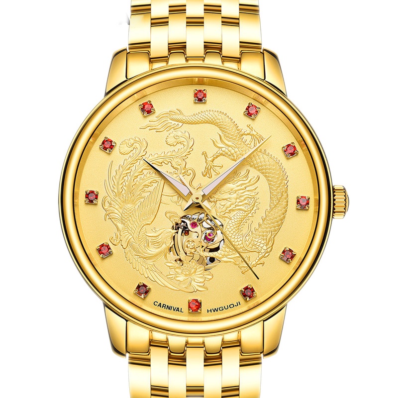 瑞士嘉年华CARNIVAL全自动机械表 男手表防水镂空龙凤呈祥金色表时尚休闲男表男女夜光防水镂空霸气通用腕表8798G