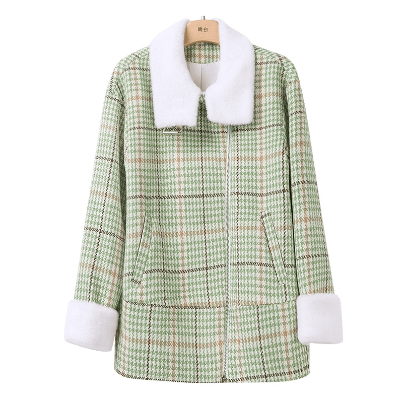 晩白 新品通勤百搭淑女范千鸟格毛毛领拉链大衣短款外套女