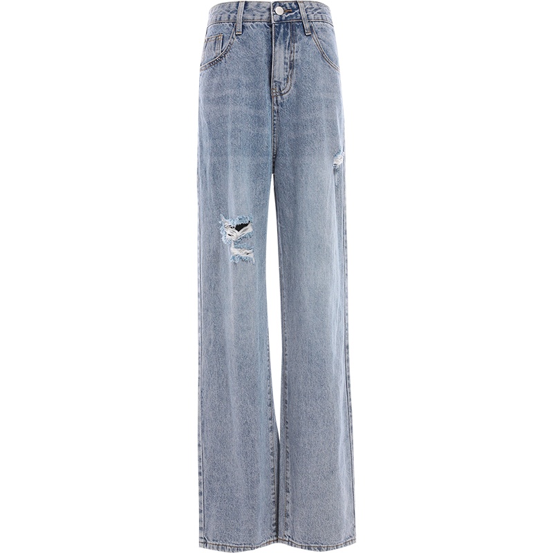 欧昵雪直筒破洞高腰阔腿牛仔裤女宽松显瘦垂感长裤
