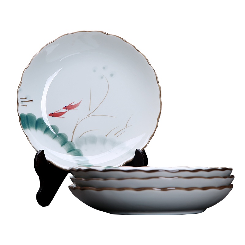 靓佳 高温釉下彩菊花深盘8英寸 鱼趣4个装 菜盘 深盘 汤盘 套装 日式菜盘 菜碟 碟子 圆盘 陶瓷盘