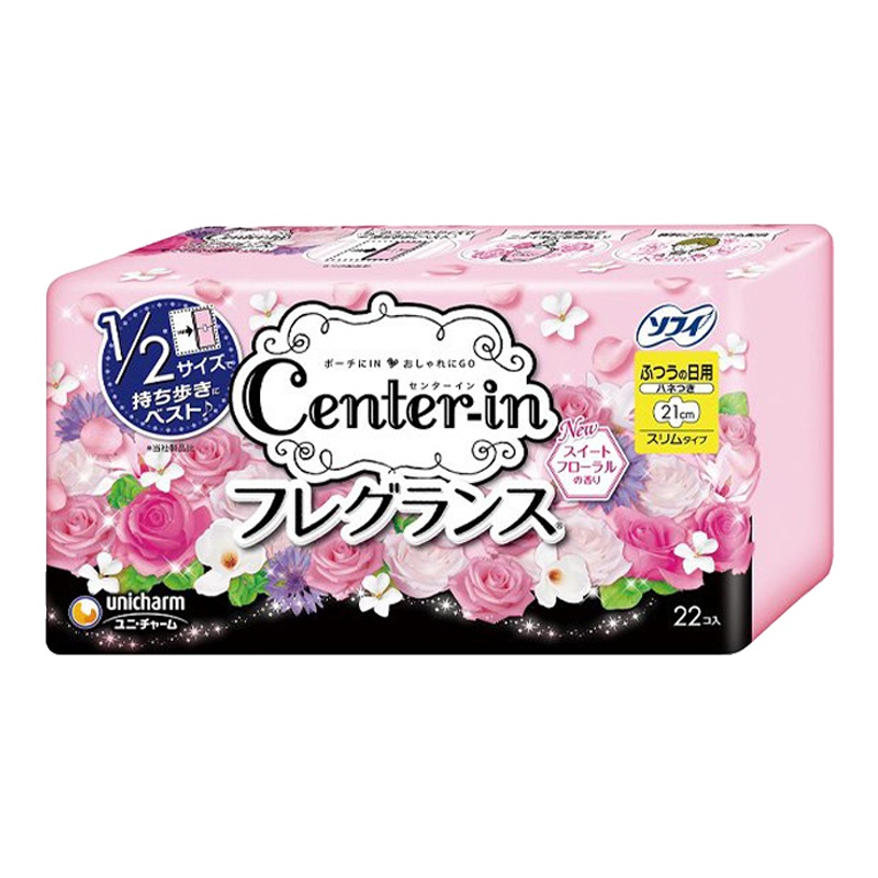 unicharm 尤妮佳 CENTER-IN花香型日用棉柔超薄护翼卫生巾 21cm 22片装