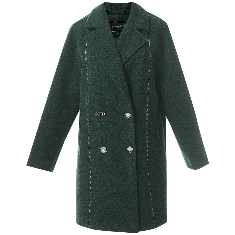 欧昵雪冬装西装领双排扣加厚毛呢外套女中长款呢子大衣
