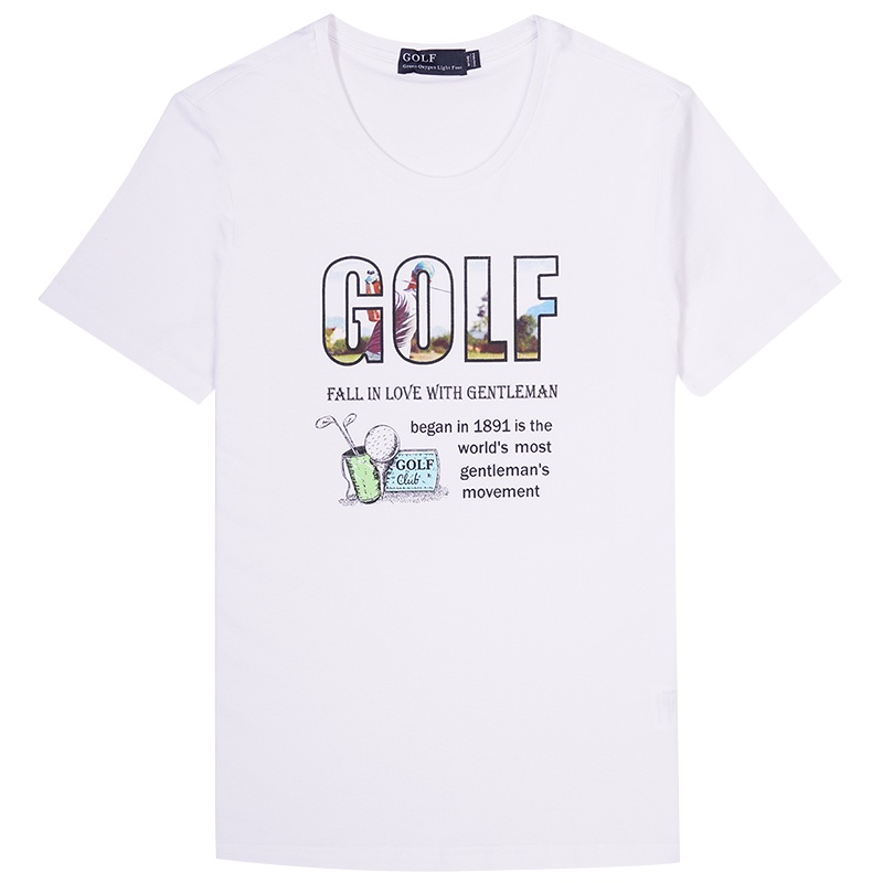 GOLF/高尔夫2019夏季新款男装圆领白色印花棉短袖休闲T恤衫
