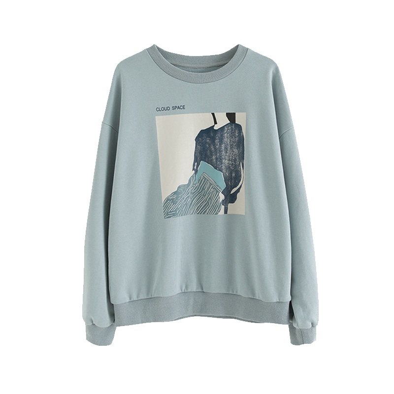 云上生活春秋款简约文艺圆领印花套头女式卫衣