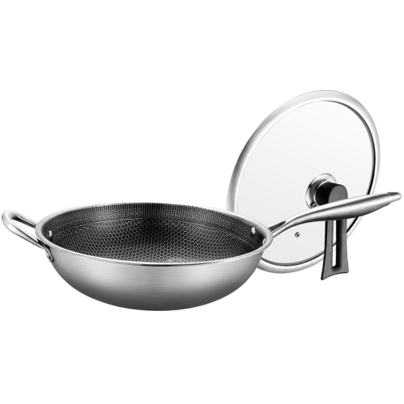 [全花新款+复合底+可立把手玻璃盖]32CM不锈钢炒锅 适合3-6人使用 大号家用不粘锅无油烟无涂层平底锅炒菜锅厨具通用