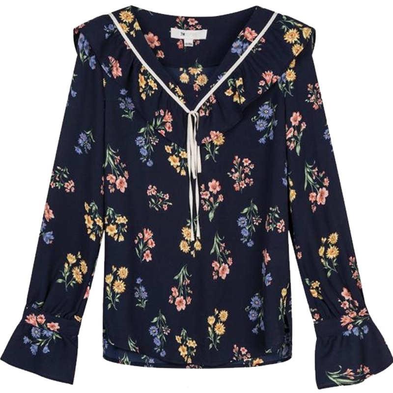 【热卖】7m韩版长袖宽松衬衫女装新款小众百搭上衣复古v领碎花衬衣70009647