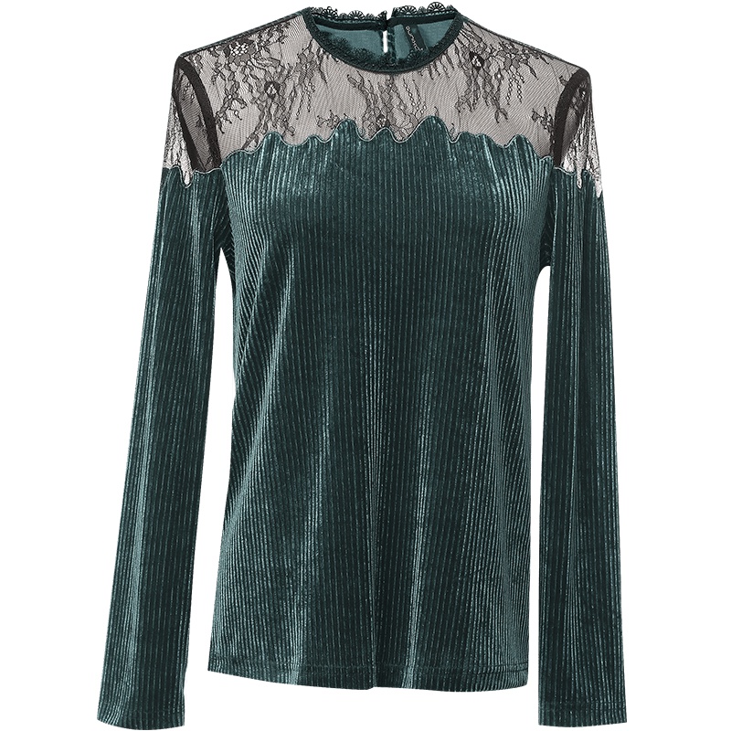 欧昵雪秋装花边立领蕾丝绣花丝绒衫女洋气显瘦打底衫上衣