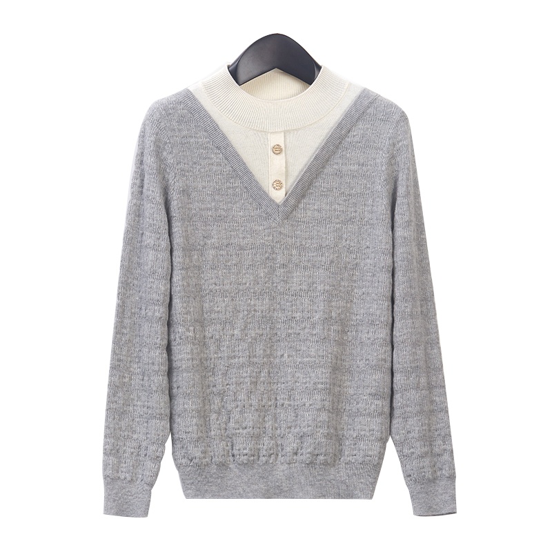 恒源祥女士羊毛衫2020新款秋冬宽松假两件花纹女士套头毛衣