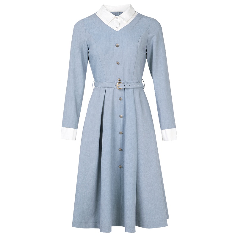 晚白2020春季新品时尚假两件翻领收腰中长款A字大摆衬衫连衣裙女