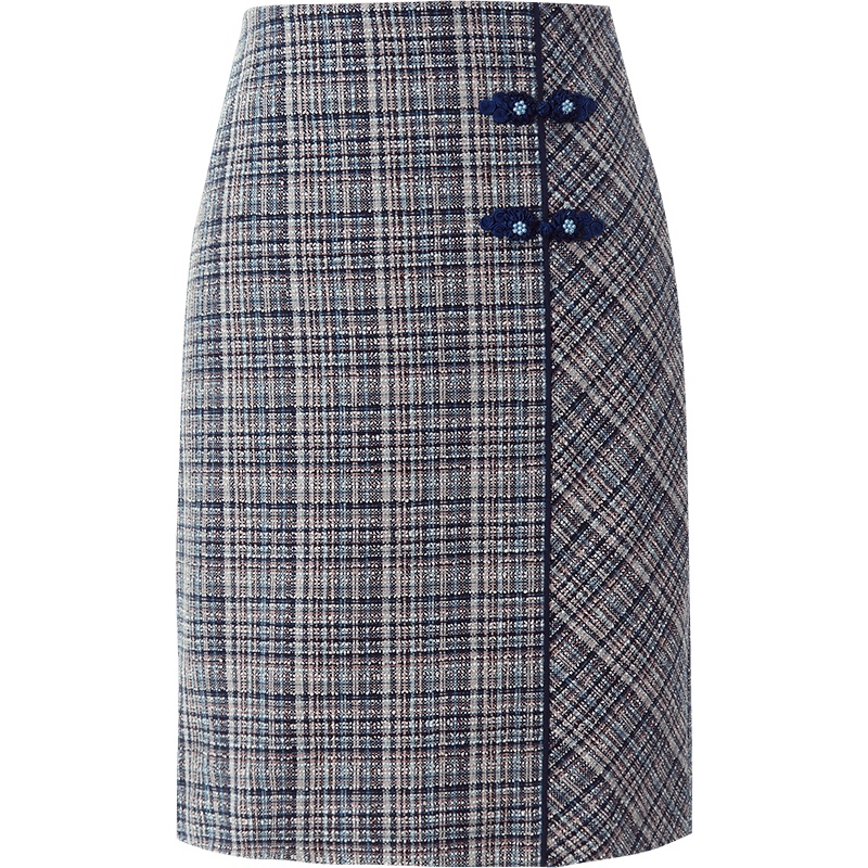 OUNIXUE欧昵雪 | [格子包臀一步裙]秋冬季复古高腰盘扣短裙显瘦毛呢半身裙女