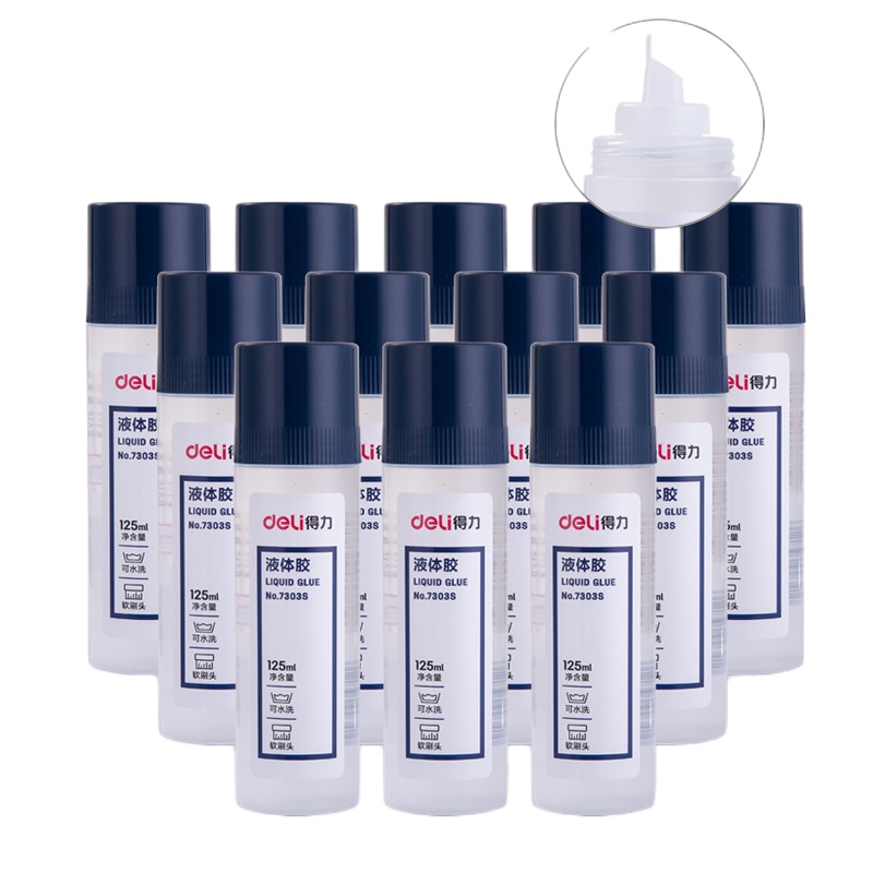 得力125ml刷片胶头液体胶 高粘度可水洗透明胶水 涂胶均匀顺滑 12支装 7303S