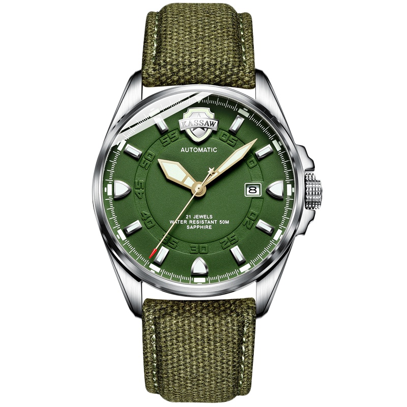 卡梭(KASSAW)手表全自动机械表皮带夜光男表军表防水时尚商务男士腕表15008M