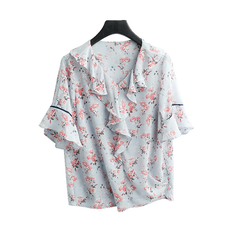 VINCIFAM雪纺T恤女2019夏装新款碎花套头短袖V领宽松上衣