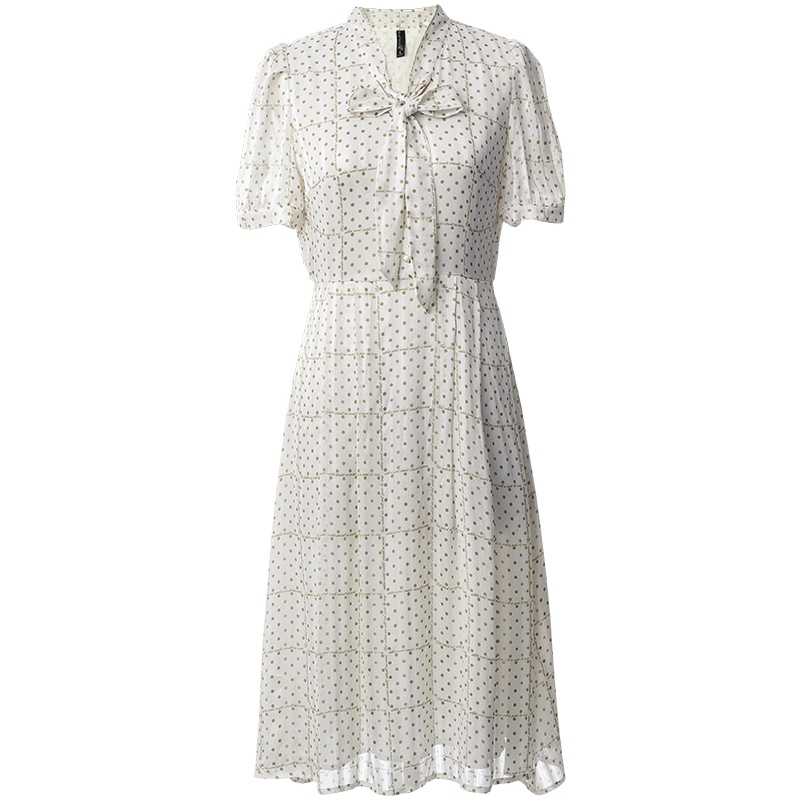 欧昵雪夏季款气质蝴蝶结字母波点印花雪纺连衣裙女收腰a字裙