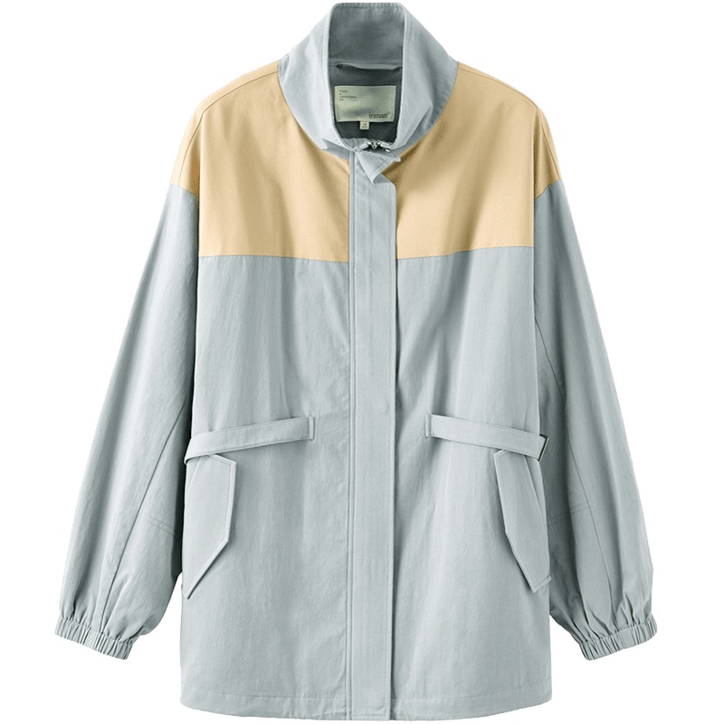 茵曼短外套女2019秋装新款纯棉撞色立领时尚长袖宽松百搭外衣