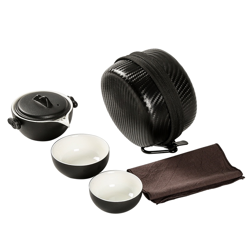 常生源 旅行茶具快客杯陶瓷旅行居家茶壶三件套日式陶瓷2人便携式套装家用 觅境一壶两杯黑色