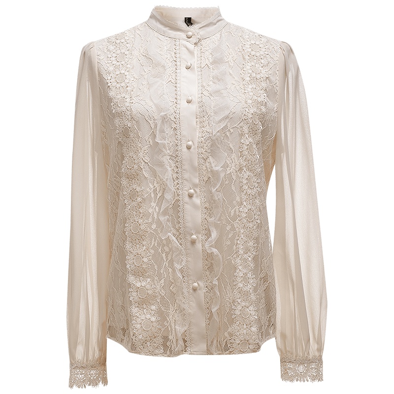 欧昵雪立领镂空蕾丝衫上衣女洋气花边拼接长袖小衫