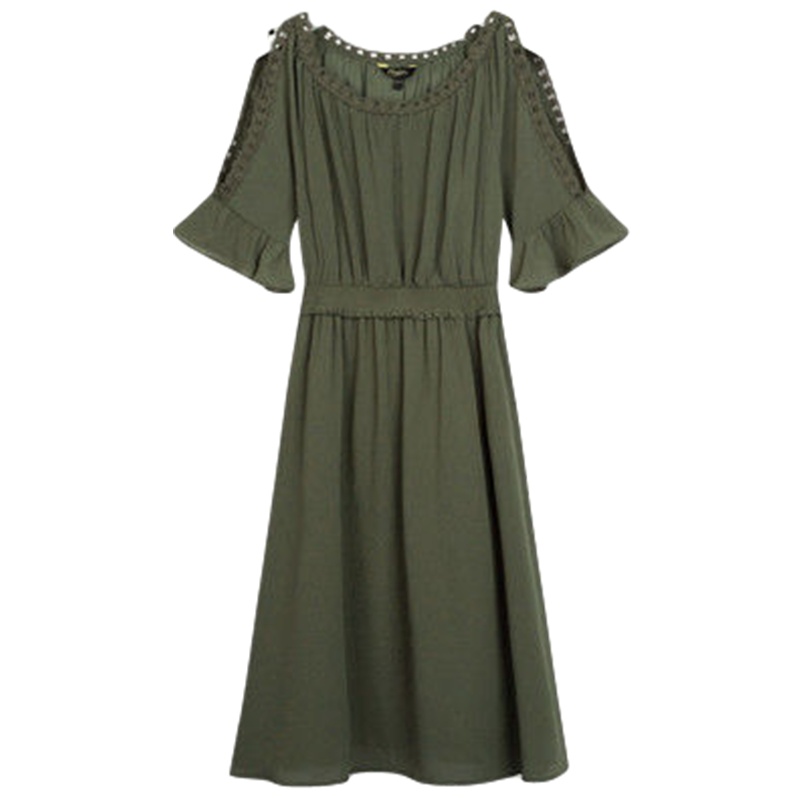 拉夏贝尔雪纺露肩优雅仙女裙收腰修身中长连衣裙30082046