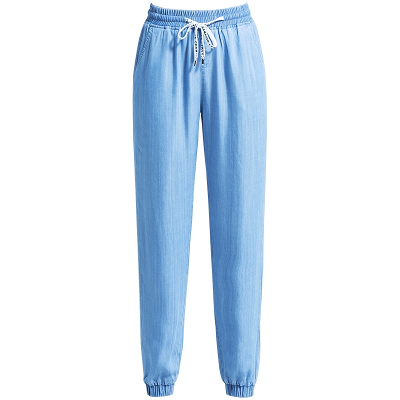 恒源祥天丝牛仔裤女薄款夏系带九分裤宽松哈伦裤束脚小脚裤子