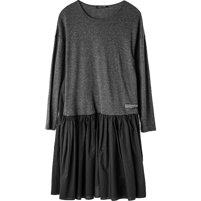 sdeer圣迪奥秋装休闲贴布风琴褶拼接长袖宽松落肩连衣裙S17381285