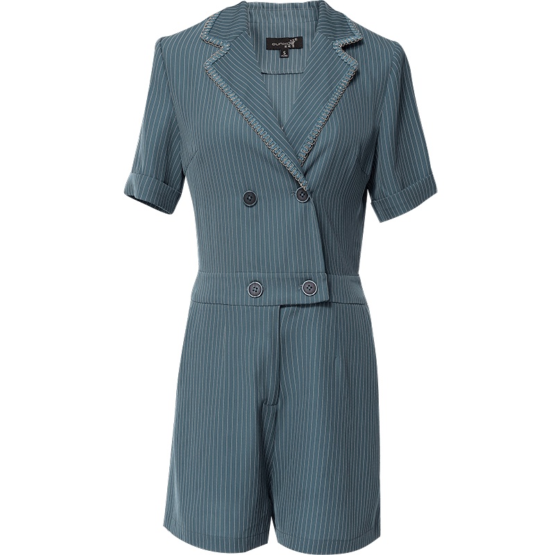 欧昵雪夏季西装领条纹短袖连体裤女高腰显瘦直筒阔腿短裤