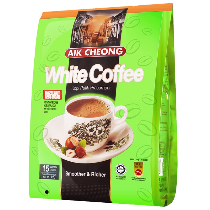 马来西亚原装进口 益昌榛果味减少糖三合一速溶白咖啡粉袋装450g