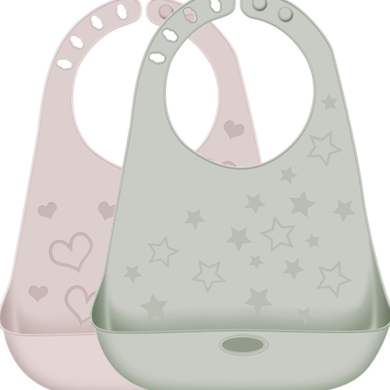 棉花秘密婴儿硅胶围兜儿童喂食吃饭兜防水耐脏 绿色+粉色