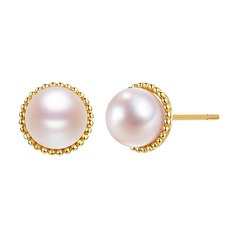 鑫万福 黄18K金正圆强光6-9mm日本Akoya海水珍珠耳钉 多规格可选