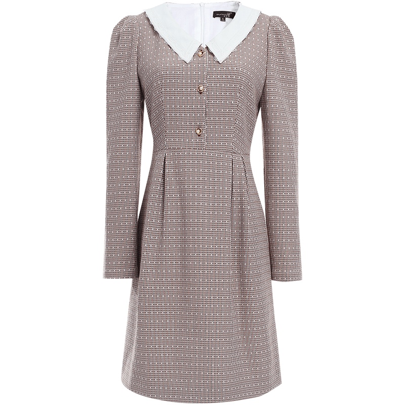 欧昵雪复古法式花边翻领收腰显瘦连衣裙女长袖短裙