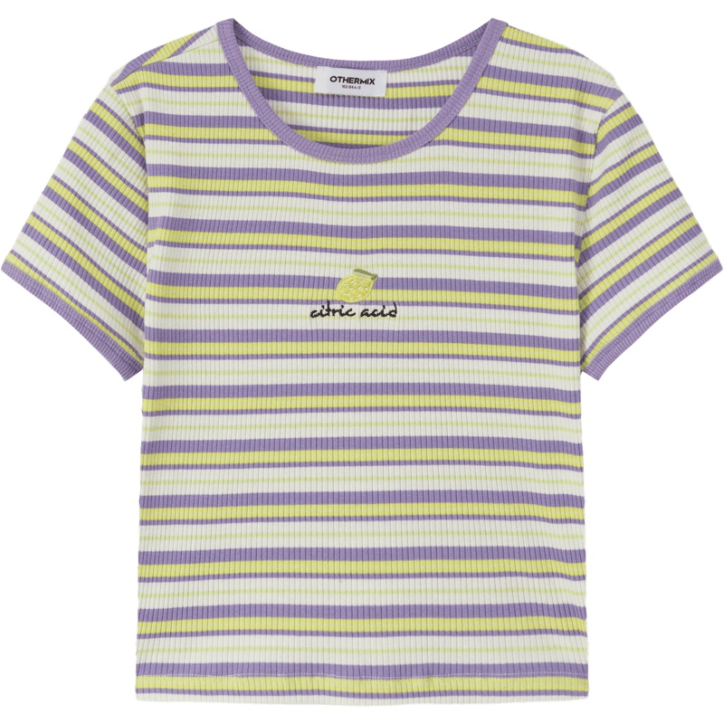 OtherMix氧气少女T恤2021年夏季新款圆领百搭修身短款绣花上衣潮