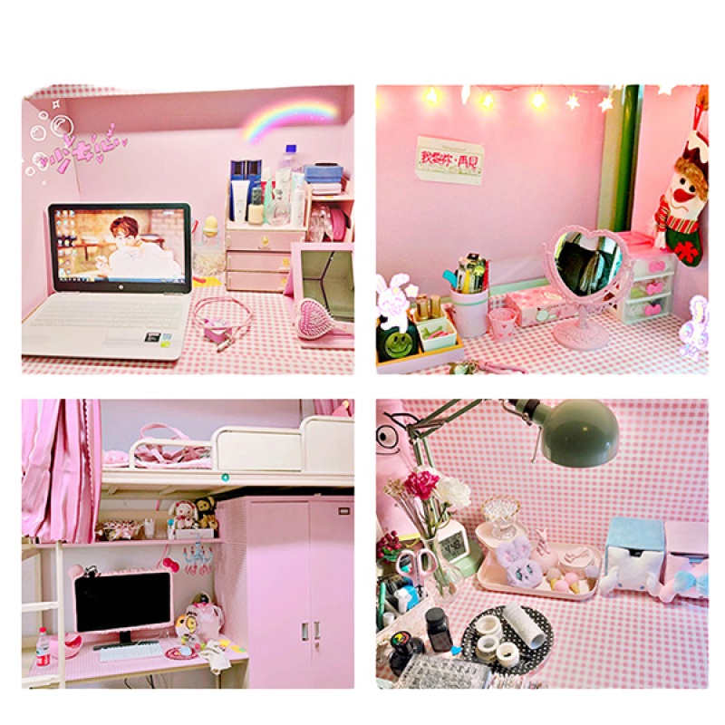 防水墙纸自粘格子大学生寝室壁纸宿舍卧室少女心家具翻新贴纸墙贴 少女粉流星 45cm*3M