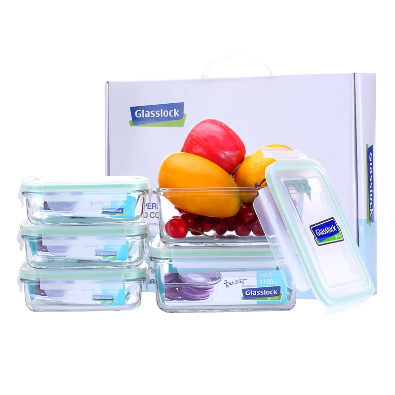 三光云彩(GLASSLOCK)韩国进口钢化玻璃保鲜盒五件套可微波炉加热饭盒上班族带饭带盖密封便当碗5件套装GL07