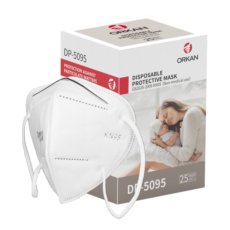 Orkan防颗粒物DP-5095五层防护双层熔喷KN95成人白色立体防飞沫防霾PM2.5防尘25只装高效率低阻力专业口罩