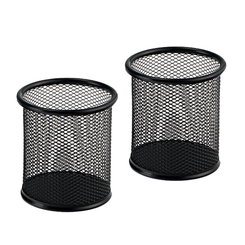 三维工匠金属笔筒创意时尚办公室摆件笔桶可爱多功能收纳盒学生用桌面笔架 圆笔筒黑色两个装