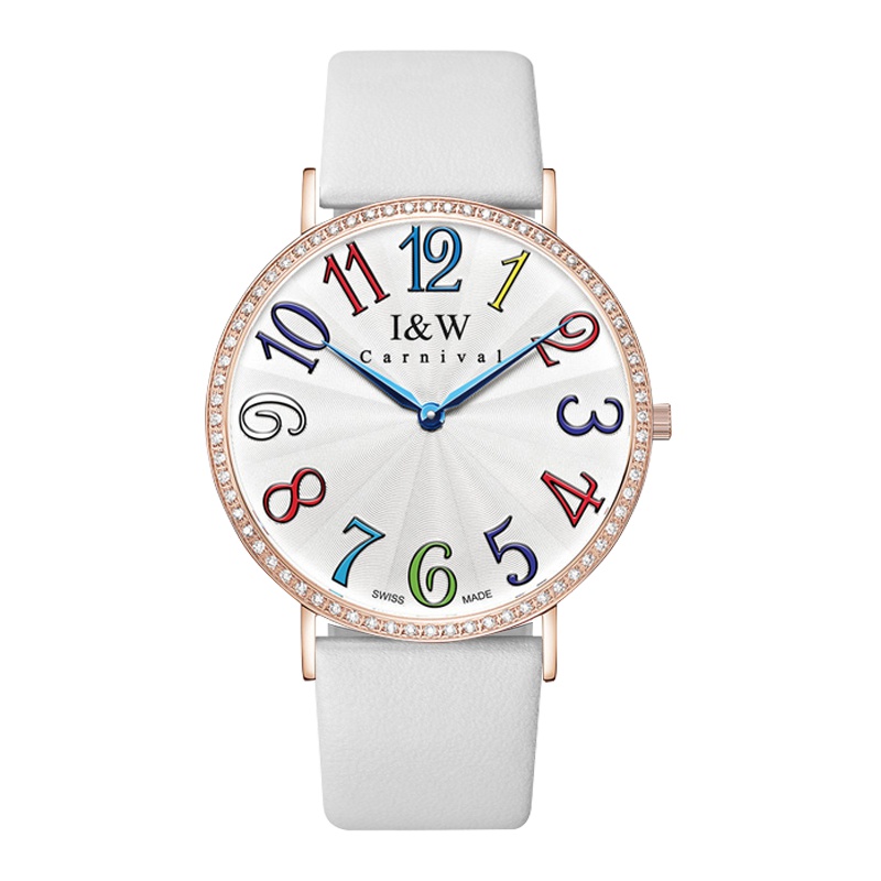 瑞士品牌IW手表 女士石英表炫彩数字时尚镶钻腕表 皮带女表防水超薄石英表数字镶钻正品女表