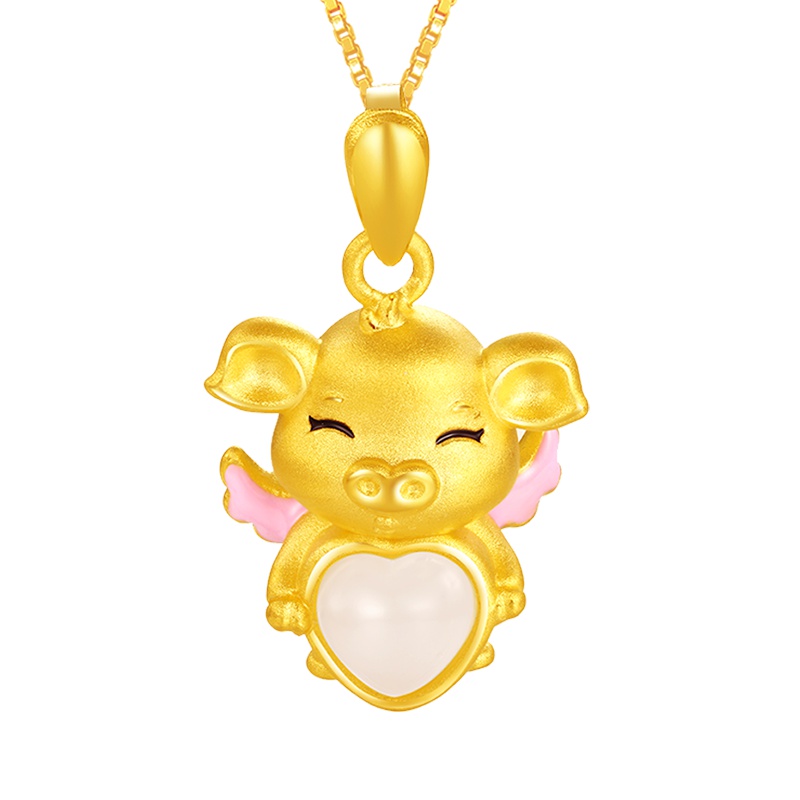 印象眸金镶玉生肖猪吊坠 3D硬金足金镶嵌十二生肖和田玉爱心猪挂件 附送证书