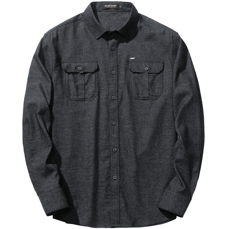 千纸鹤男士修身长袖衬衫2019秋季新款青年帅气复古纯棉上衣10163