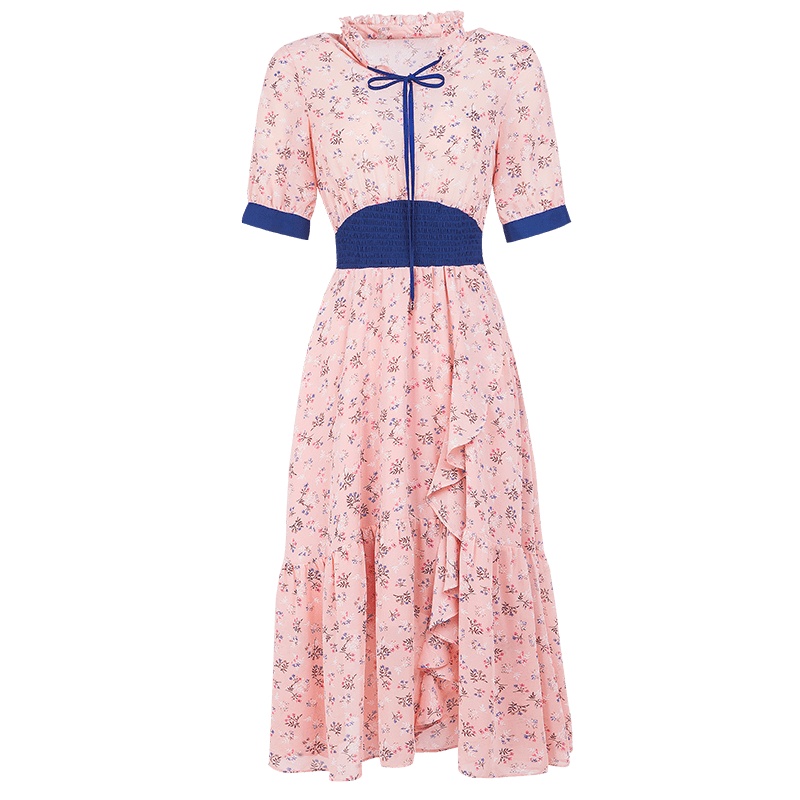 晚白新品系带领印花荷叶边收腰显瘦中长A字雪纺连衣裙女