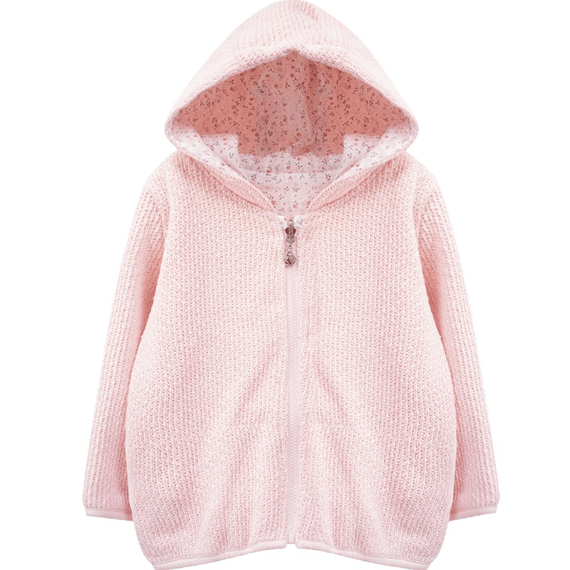 婴姿坊女童纯色连帽针织上衣拉链衫碎花内衬童装外套 粉红 80-120cm